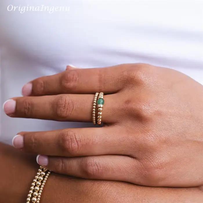 Bague en perles d'aventurine remplie d'argent et d'or pour femme