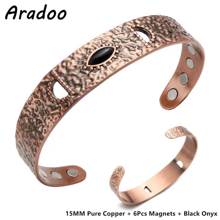 ARADOO Onyx oeil du diable Bracelet en cuivre pur aimant néodyme manchette ouverte 3500 Gauss bracelets de thérapie magnétique