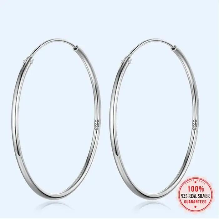 100% 925 boucles d'oreilles en argent Sterling pour femmes 30mm 40mm 50mm 60mm boucle de cercle rond