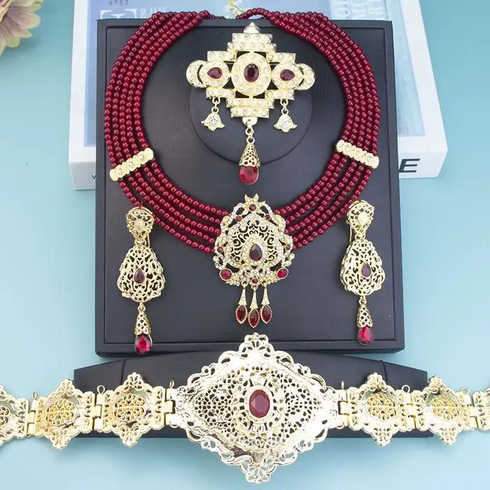 Sunspicems couleur or marocain Caftan ceinture taille chaîne femmes perles chaîne collier ras du cou longue boucle d'oreille arabe mariée bijoux de mariage