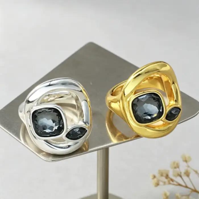 Bague en cristal gris géométrique or et argent