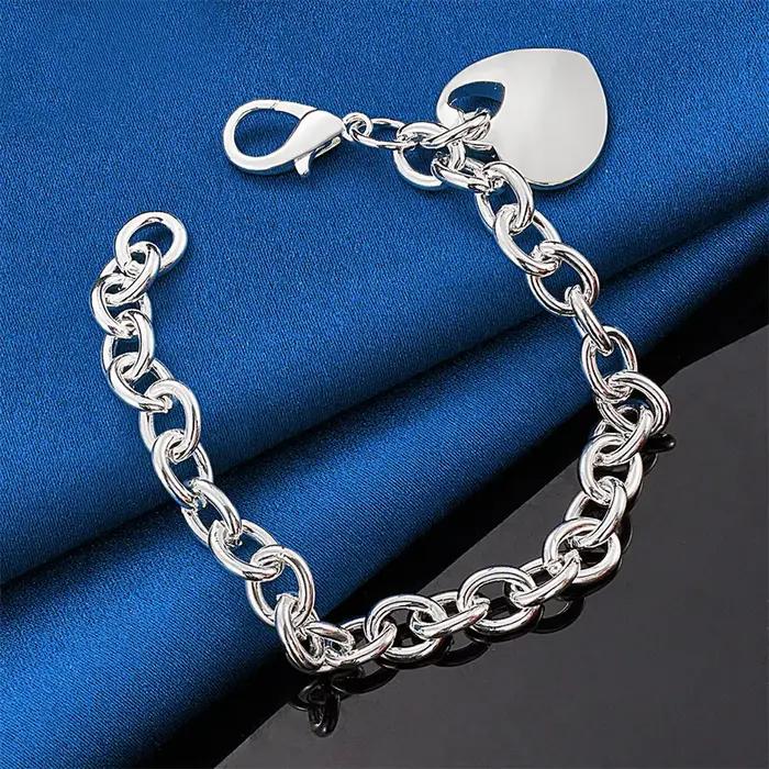 Bracelet en argent sterling 925 de 8 pouces en forme de cœur exquis