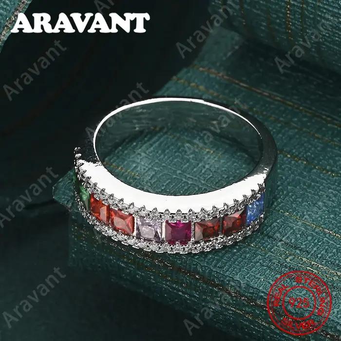 Bague ronde en argent sterling 925 avec zircone diamantée arc-en-ciel pour femme