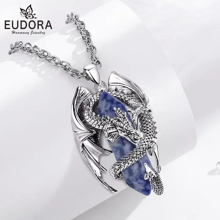 Eudora Dragon enveloppé Dumortierite collier en cristal Hexagonal pendentif en pierre de guérison amulette spirituelle bijoux cadeau pour femmes hommes