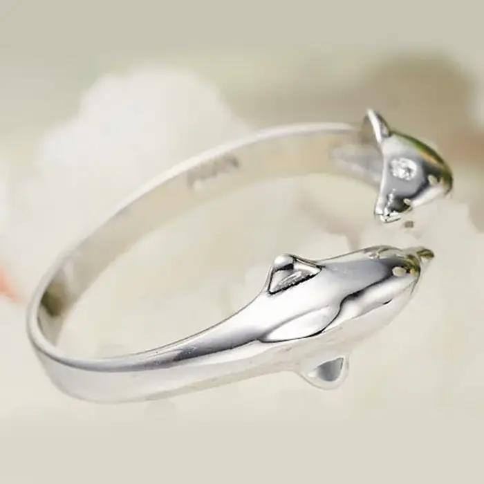 XIYANIKE couleur argent bijoux ouvert heureux Double dauphin amour anneaux pour fête femmes cadeau réglable Bague