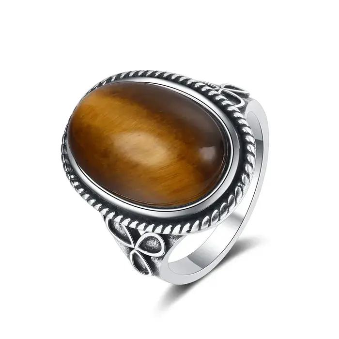 Bague Ovale en Œil de Tigre Naturel Grande Taille Bijoux Vintage Pour Femmes Hommes Occasions Spéciales Anniversaire Fiançailles Mariage Partie Fête Cadeau