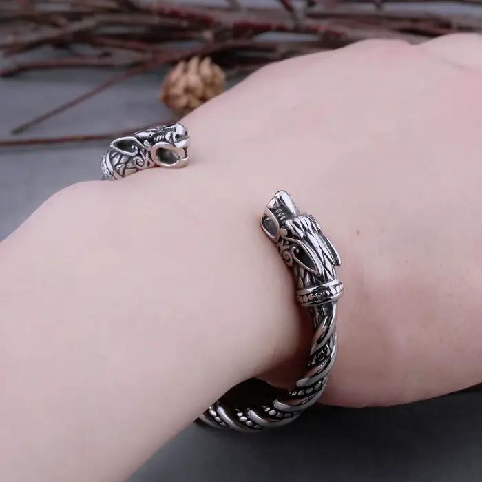 Bracelet Dragon nordique Viking en acier inoxydable pour hommes, manchette avec boîte en bois Viking