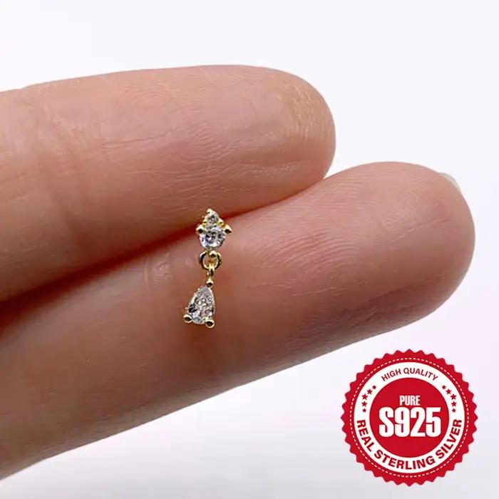 AIDE Labret en argent sterling 925 à double diamant fileté à l'intérieur • Boucle d'oreille à dos plat pour femme