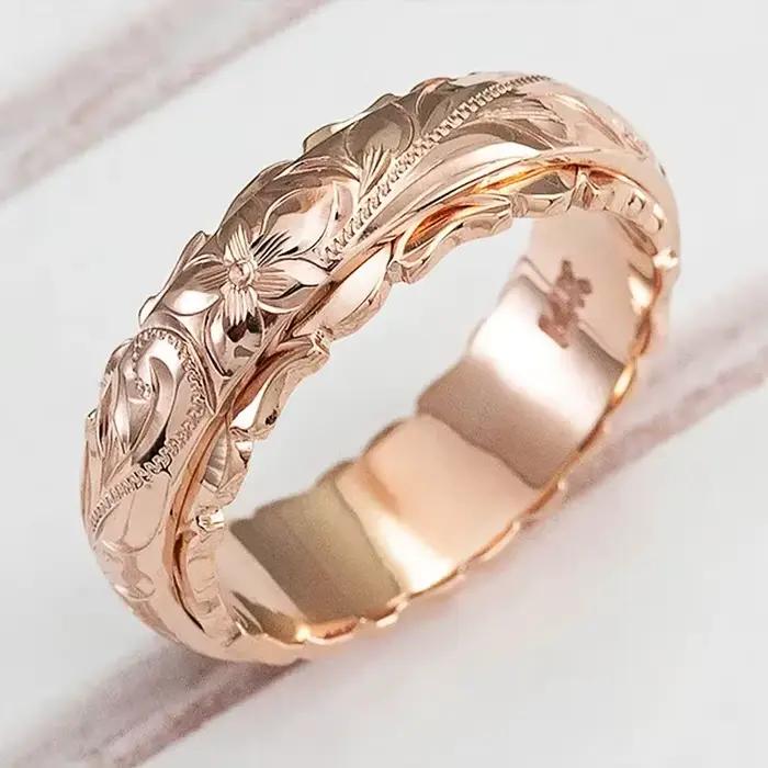 Bague suspendue en or 14 carats avec fleur de Rose sculptée pour femmes et hommes
