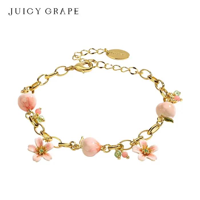 JUICY GRAPE-Bracelet Délicat pour Femme, Pêche à l'Eau et Fleurs, Bijoux Fins Réglables, Design en Émail Fait à la Main, Cadeau Parfait