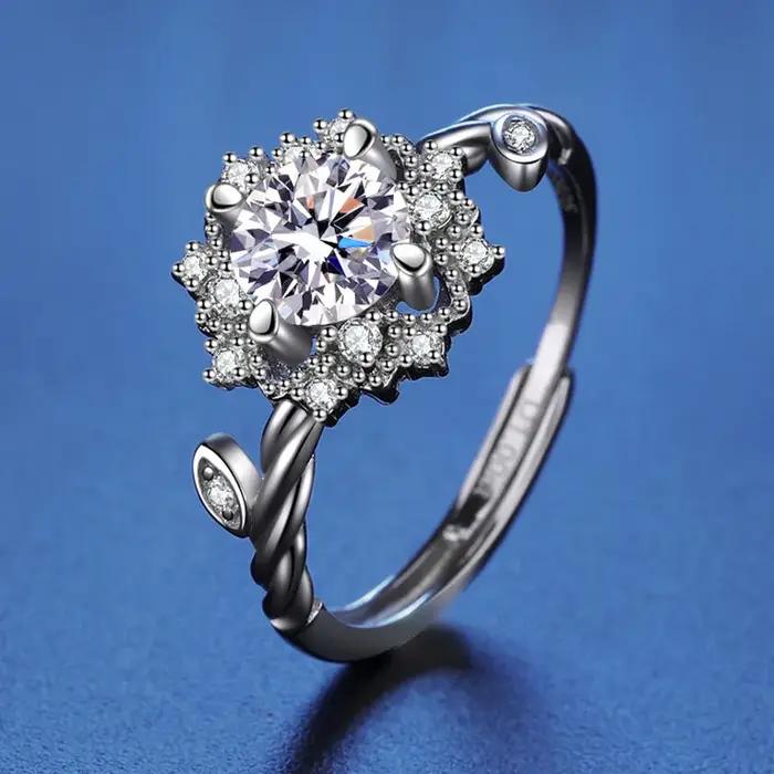 Bague en argent sterling S925 avec fleur et moissanite à 4 griffes, couleur D, bijoux en argent haut