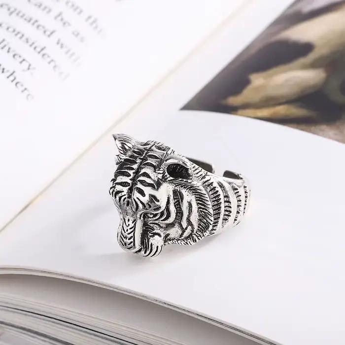 Bagues réglables en forme de tigre en argent Sterling 925 pour femmes et hommes