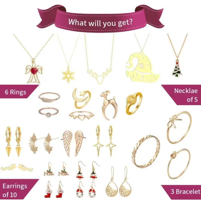 Bijoux calendrier de l'avent pour femmes, noël avec collier, bagues, boucles d'oreilles 24 jours Y5GB