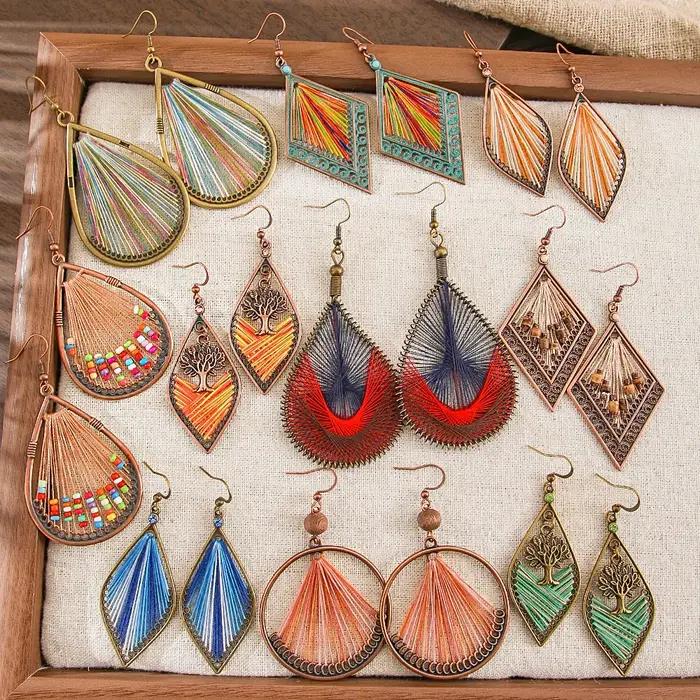 Boucles d'oreilles bohème en corde perlée tissée à la main pour femmes