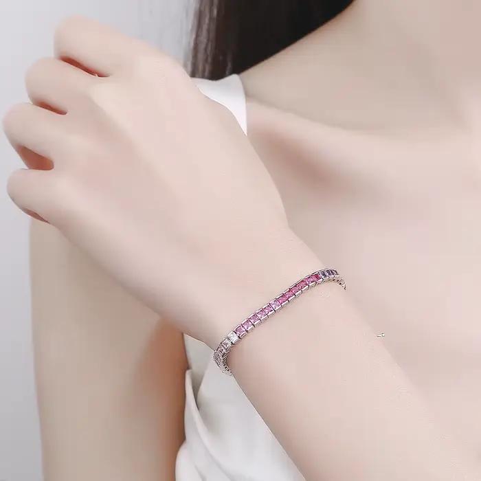 Bracelet de tennis en argent pur pour femme, 17.5 cm, carré de 4 mm de large, 2.5x2.5mm, Bling Rainbow Zunderes, Real 925 Jewelry
