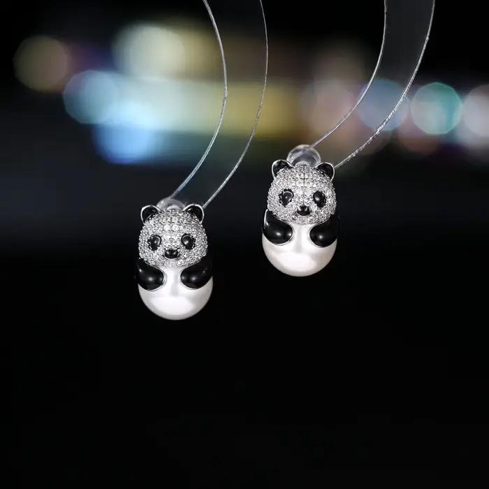 Boucles d'oreilles panda mignonnes en zircon micro-pavé et perles