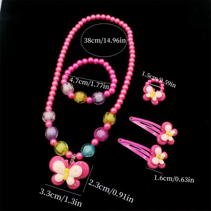 1 ensemble de bijoux en perles faits à la main pour filles, collier, Bracelet, bague et pince à cheveux papillon, cadeau de princesse parfait