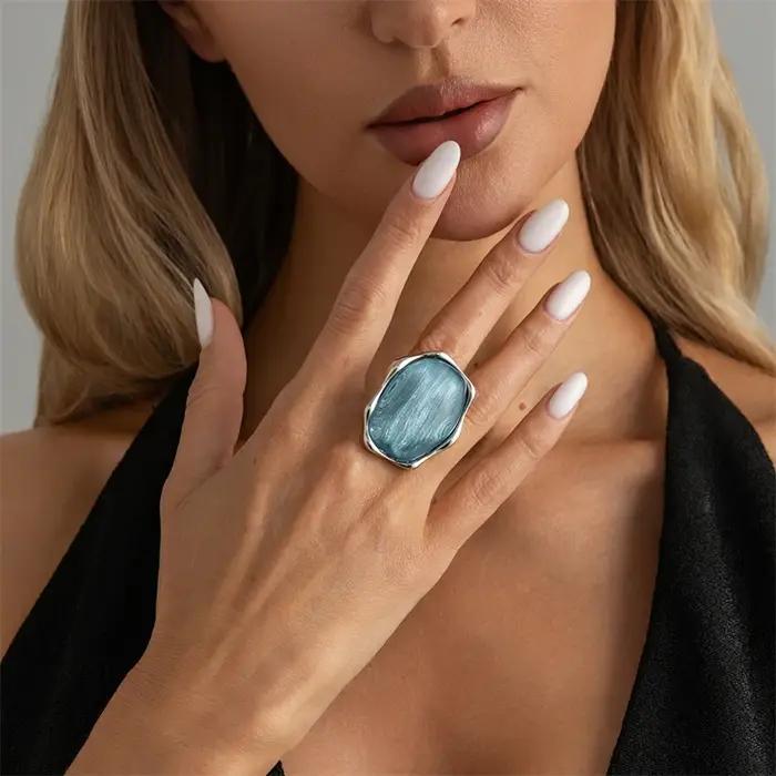 Bagues en résine à motif vague d'eau bleue vintage pour femmes