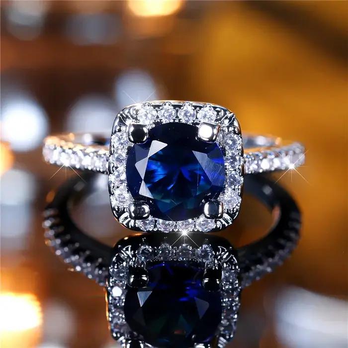 Bague de luxe en pierre de Zircon ronde bleue pour femme