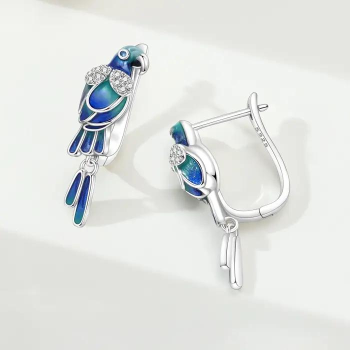 Boucles d'oreilles en argent Sterling 925 avec breloque perroquet bleu vert pour femmes, bijoux originaux et élégants pour occasions spéciales