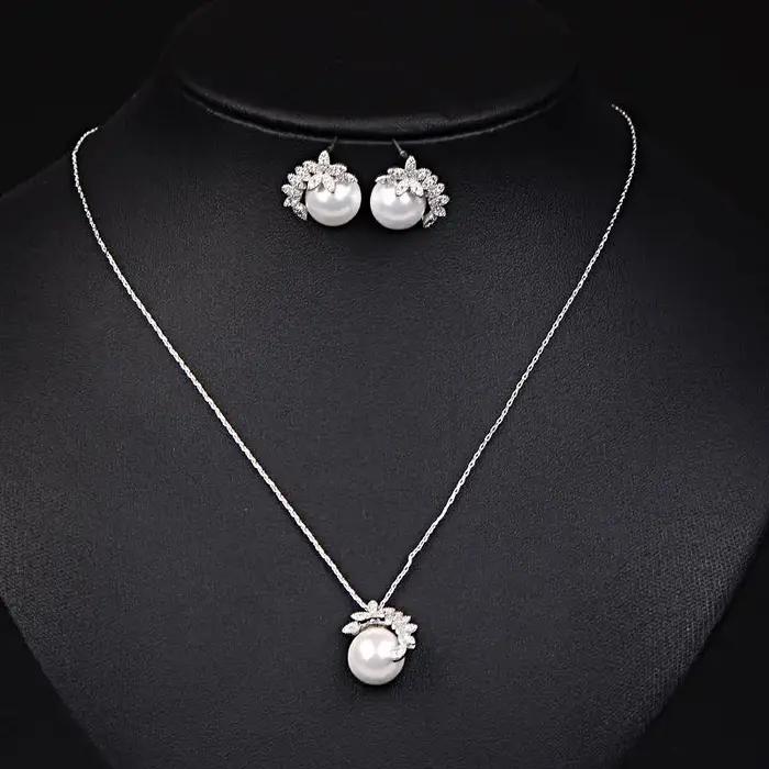 ZAKOL brillant rond imitation perle collier boucles d'oreilles ensemble pour les femmes mode cubique zircone mariage bijoux accessoires
