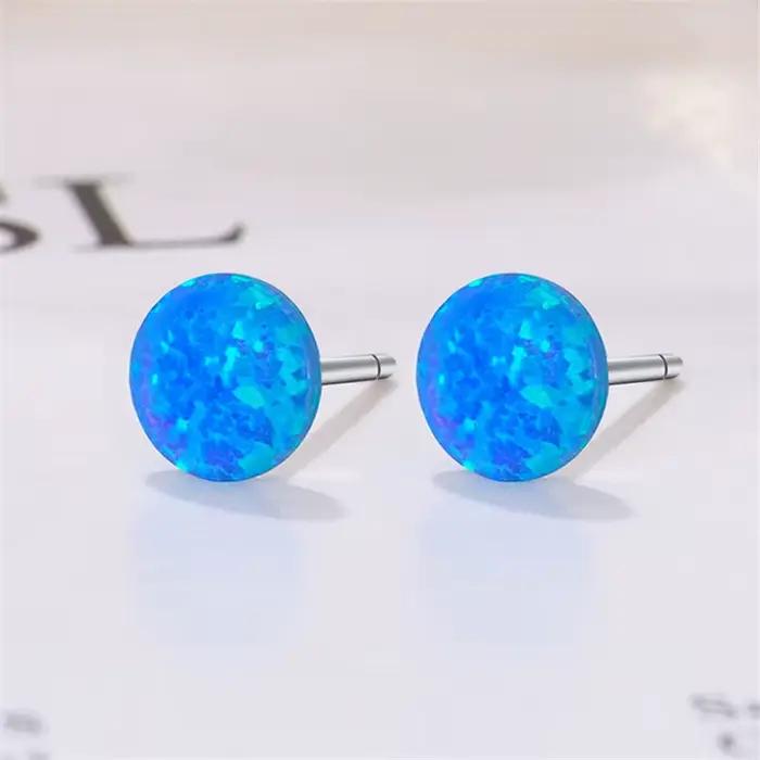 Boucles d'oreilles rondes en pierre d'opale bleue et blanche pour femmes, boucles d'oreilles féminines mignonnes, petite boule, mode simple, bijoux de pierre de naissance, cadeau pour les patients
