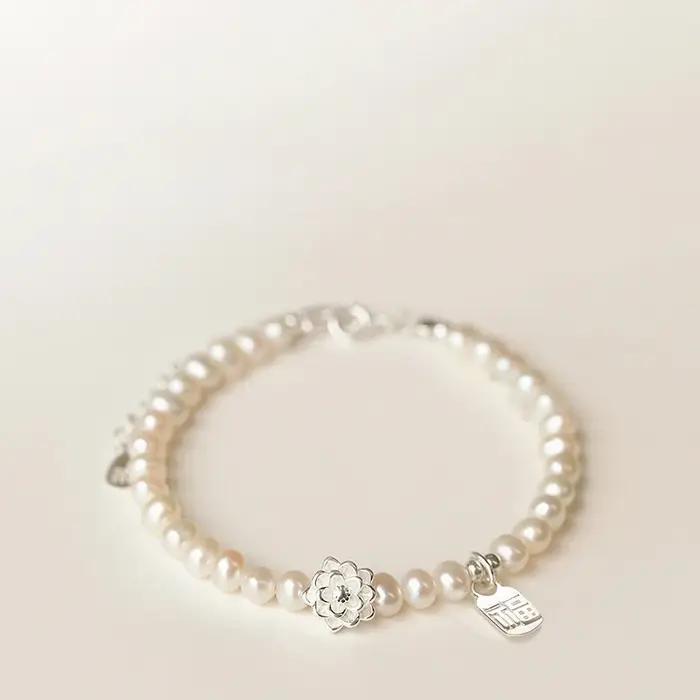 Bracelet en argent regardé 925 avec perle et fleur pour femme