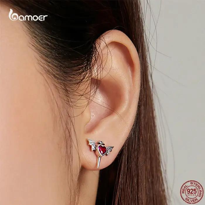 Bamoer – boucles d'oreilles en argent Sterling 925 avec ailes de chauve-souris et cœur rouge pour femmes