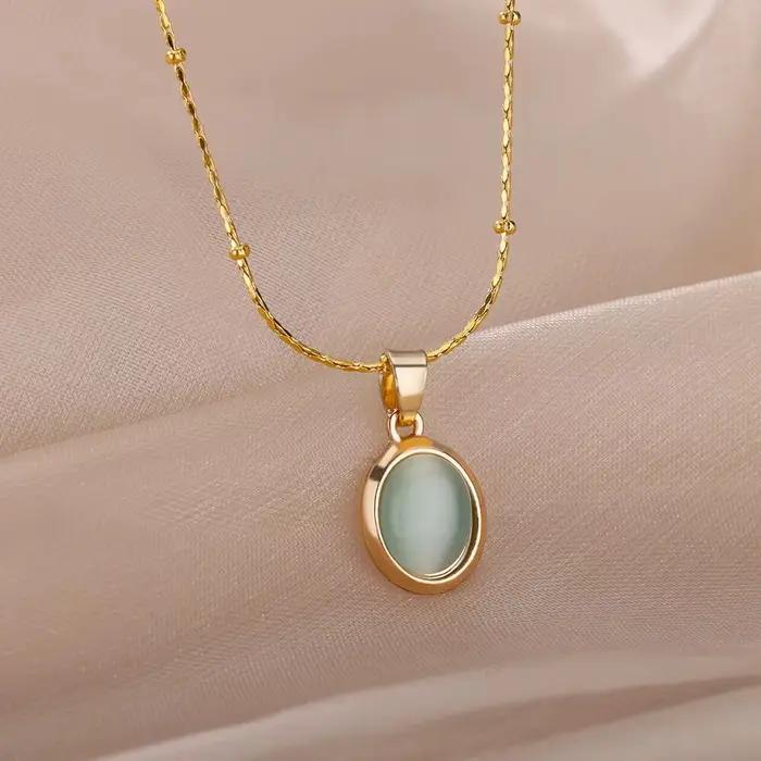 Collier ovale en pierre colorée pour femmes, en acier inoxydable, couleur or, opale verte, pendentif