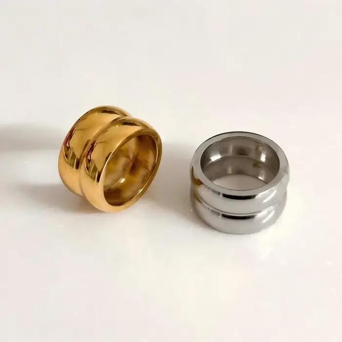 Bague en acier inoxydable Double couche pour femmes, dôme épais, empilable, minimaliste, Vintage, épais, grand, double bande, bijoux étanches