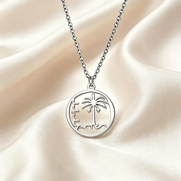 Collier pendentif pièce de monnaie vintage palmier pour femmes et hommes, en acier inoxydable ajouré