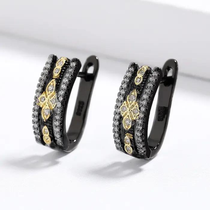 Boucles d'Oreilles Classiques Bicolores Noir et Or pour Femme