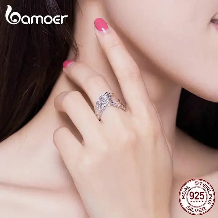 Bamoer 925 en argent Sterling ailes de gardien anneau ouvert aile d'ange réglable bague pour les femmes mode déclaration bijoux SCR512