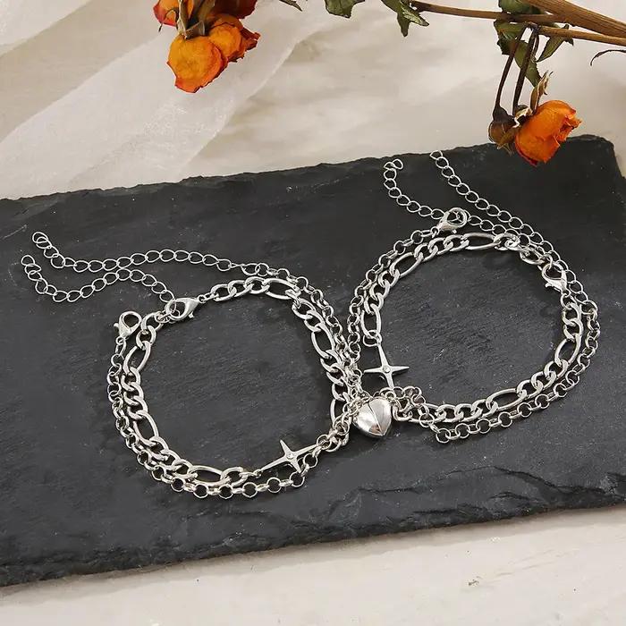 Mode argent couleur amour coeur aimant boucle Couple Bracelets pour femme