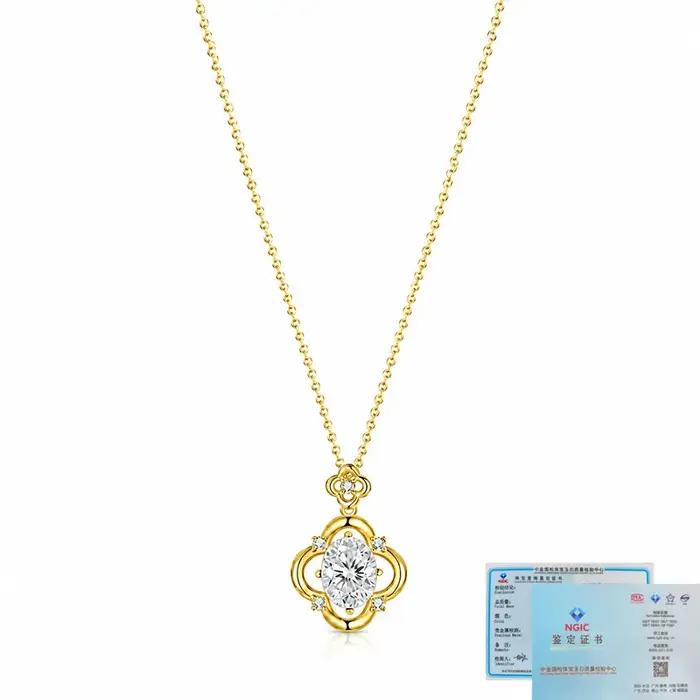 Collier trèfle en argent S925 avec moissanite ovale 3 carats, chaîne de clavicule porte-bonheur poly