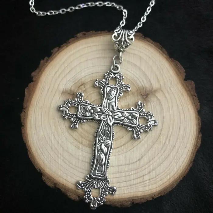 Grand collier croix victorienne longue chaîne 19 pouces dieu argent religieux gothique jésus