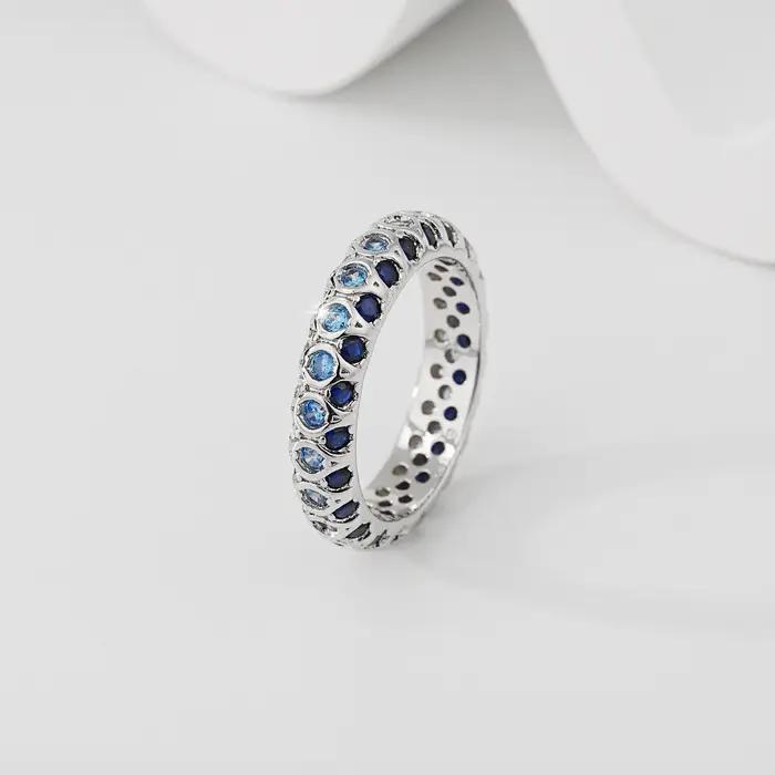 Bague éternité complète en argent sterling 925 avec saphir bleu synthétique pour femme, alliance empilable, bijou de fiançailles et de promesse