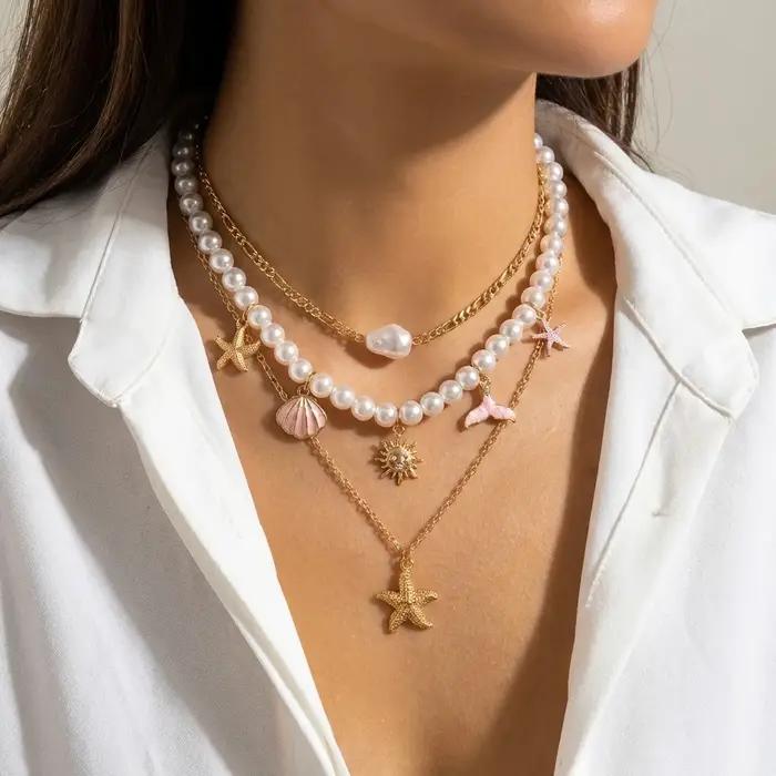 Collier Bohème Coquillages et Perles pour Femme, Style Océan, Pendentif Étoile de Mer et Soleil, Bijou Ras-du-cou pour Vacances et Fêtes