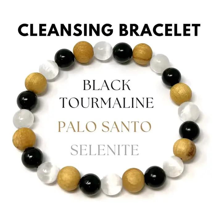 Bracelet de purification du corps en cristal de 8 mm avec sélénite, tourmaline noire et Palo Santo p