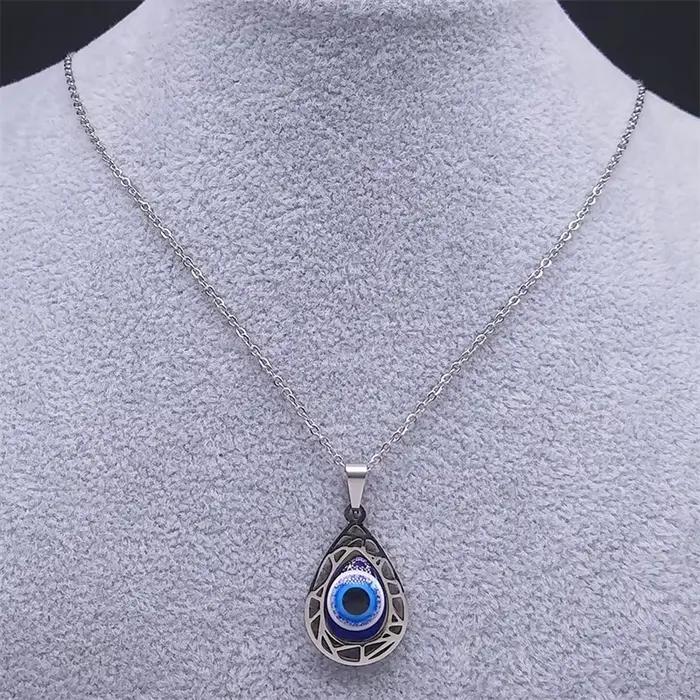 Collier avec pendentif mauvais œil bleu turc pour femmes et hommes, en acier inoxydable, couleur argent, yeux porte-bonheur, amulette, bijoux de Protection N8022S01