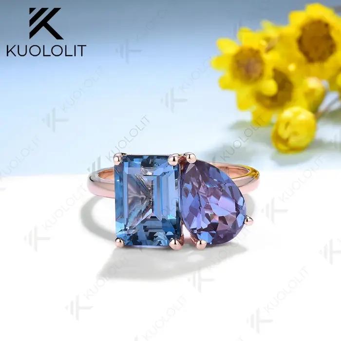 Kuololit-Bague cl rite cultivée en laboratoire pour femme, or rose massif 18 carats 14 carats, bleu