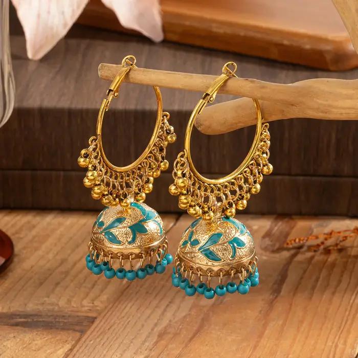 Boucles d'oreilles Jhumka grand rond couleur or pour femmes bijoux vintage ethnique émail fleur cloche bohème occasions spéciales