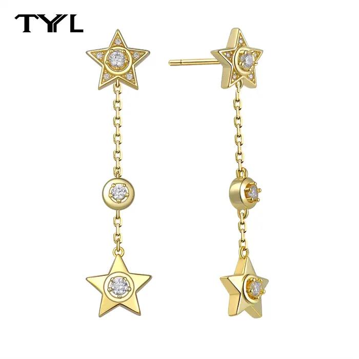 TYYL-Boucles d'oreilles pendantes longues avec pompon étoile pour femme, argent 925, plaqué or 18 ca