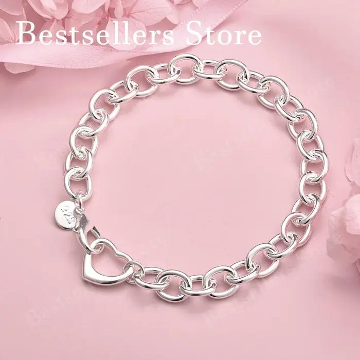 Bracelet minimaliste en forme de cœur en argent sterling 925 de 8 pouces pour les fêtes féminines
