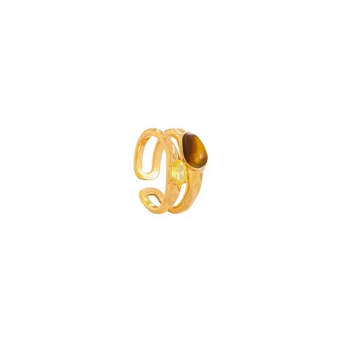 Bague ouverte en pierre d'oeil de tigre plaquée or 18 carats pour femmes style rétro luxe accessoires de bijoux tendance occasions spéciales parties soirée