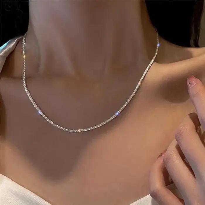 Nouveau collier en argent Sterling S925, clavicule scintillante de 2mm, chaîne de pull, bijoux à breloques hautes, cadeau pour femmes
