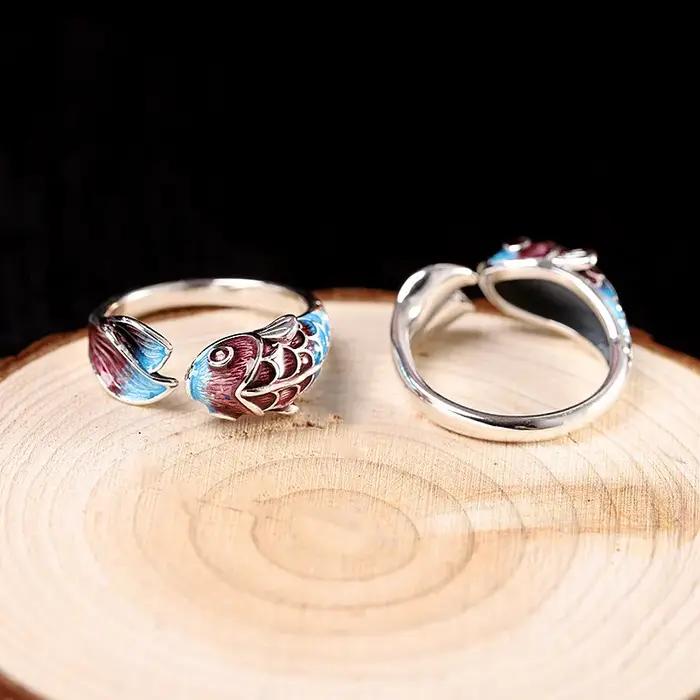 Bague en forme de poisson Koi en émail bleu et argent réglable élégante pour femmes occasions spéciales anniversaire mariage cadeau de fête