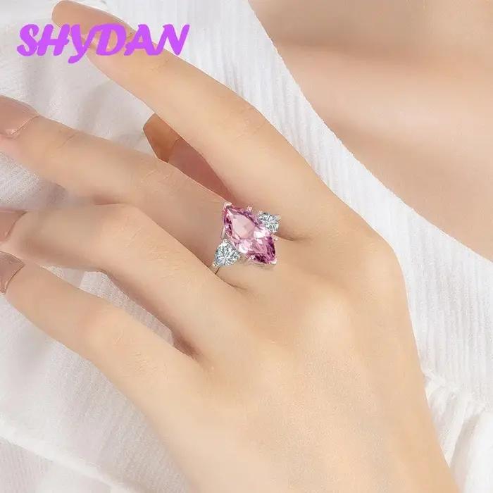 Bague ajustable en argent sterling 925 avec zircon cubique rose en forme de goutte d'eau