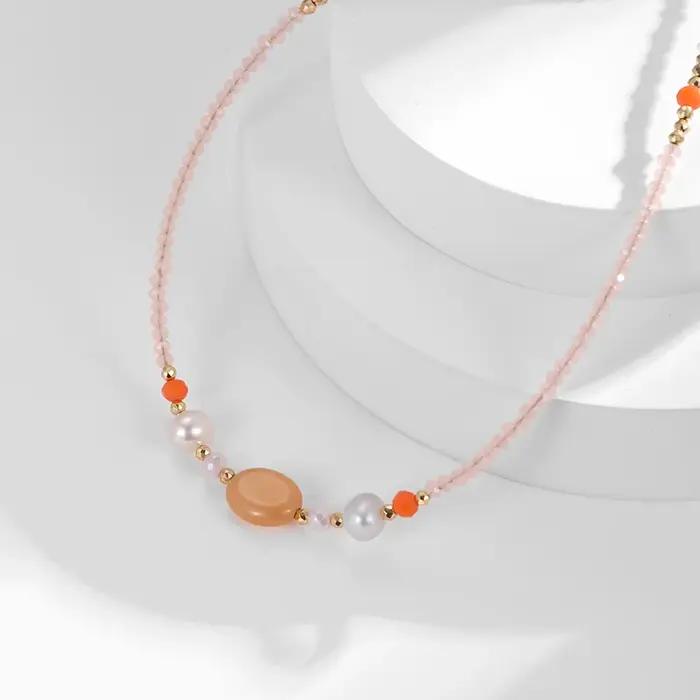 Collier de perles roses bohème avec pendentif en forme de cercle en acier inoxydable pour femmes et filles occasions spéciales