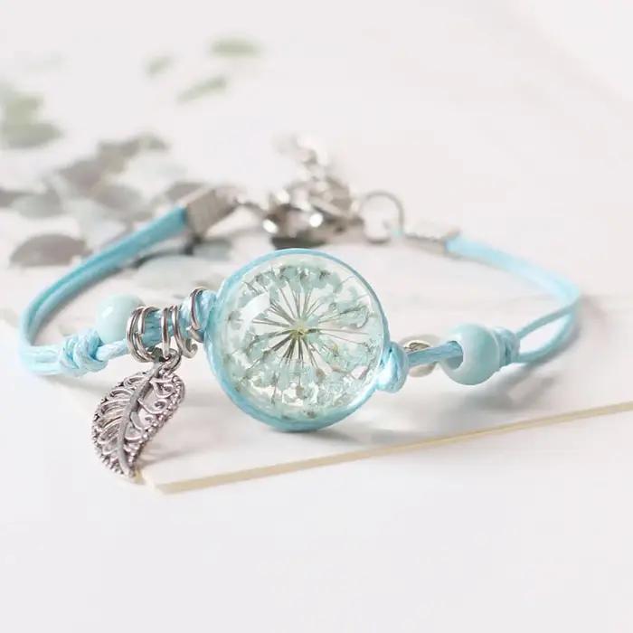 Bracelet en céramique à breloques fleurs séchées chaîne corde tressée pour femmes occasions spéciales cadeau unique